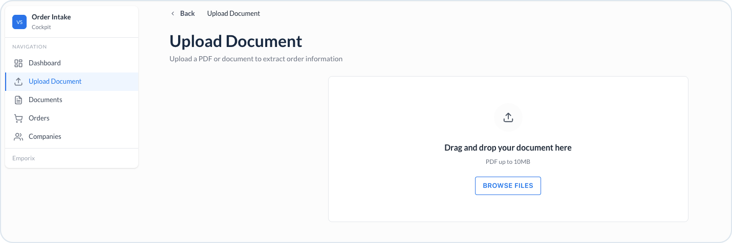 Upload document page with drop zone and browse button