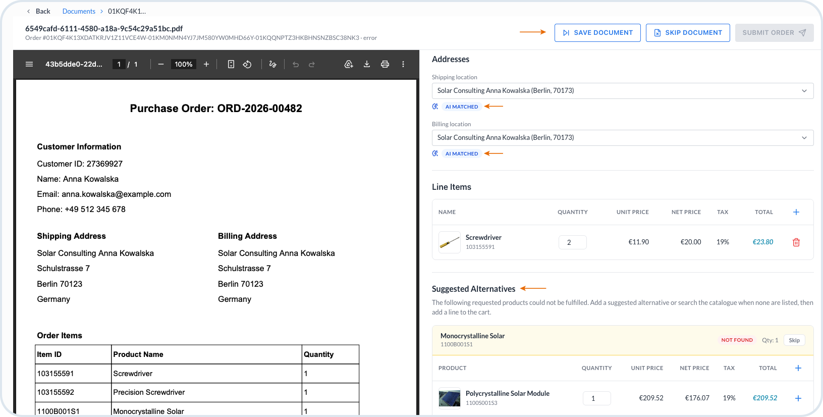 Order intake document view showing extracted order details, validation issues, and product item actions