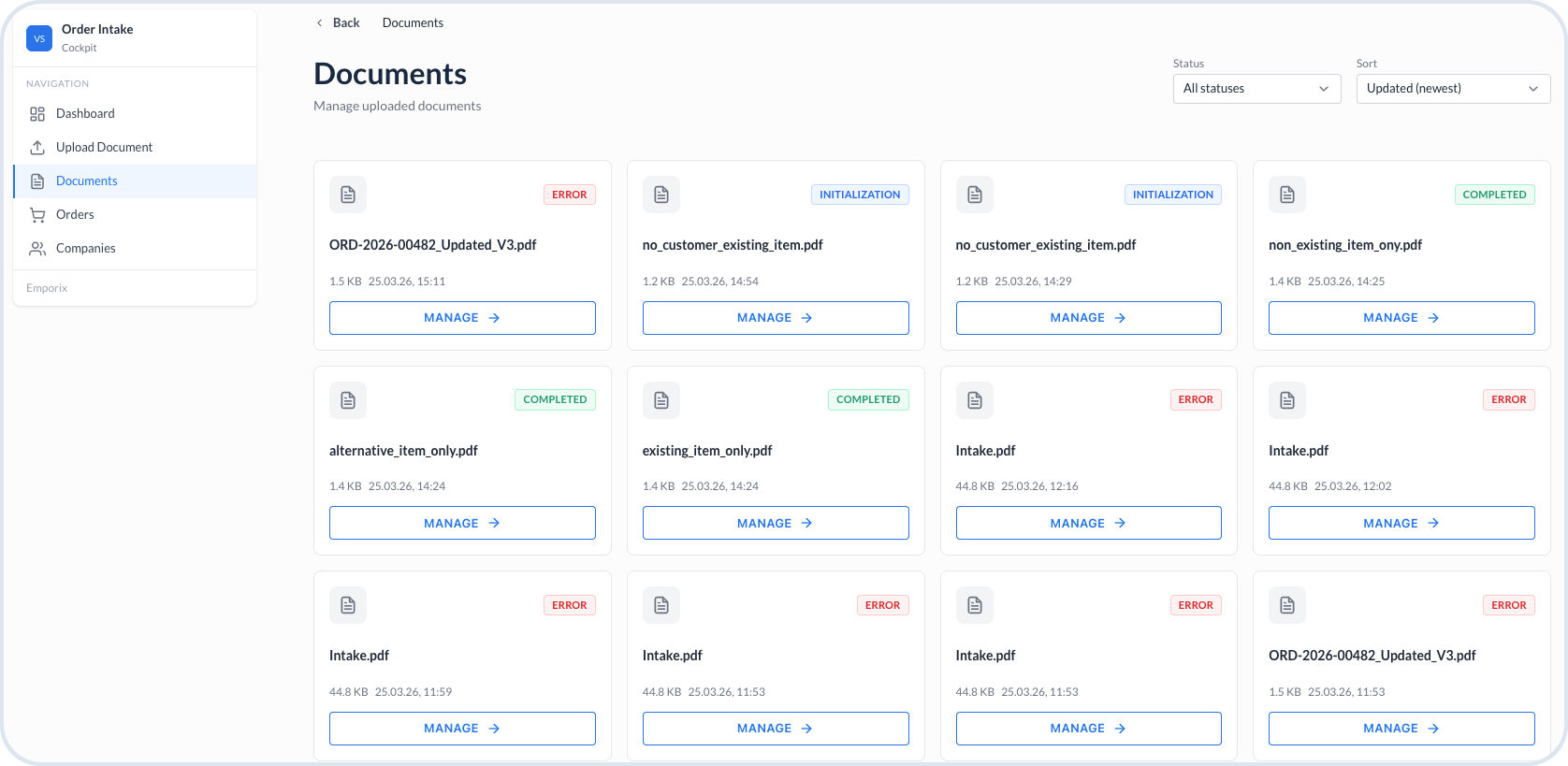 Documents grid with status badges and Manage actions