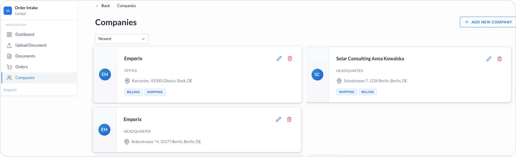 Companies view with cards and add button